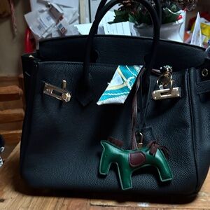 Black Leather Tote Bag with Green Horse Charm